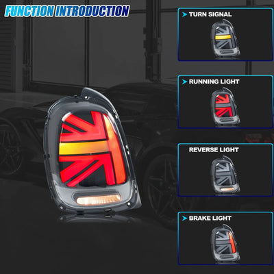 Fonctions du feu arrière LED Union Jack : clignotant, position, recul et stop