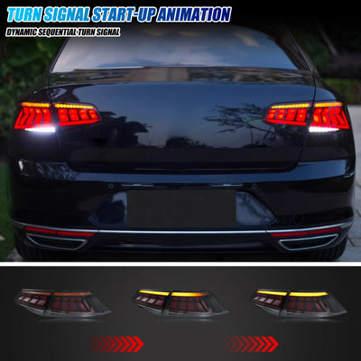Clignotant séquentiel ambre des feux arrière LED sur une Passat B8 noire