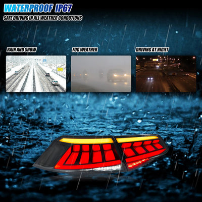 Feux arrière LED Passat B8 allumés sous la pluie, étanchéité IP67