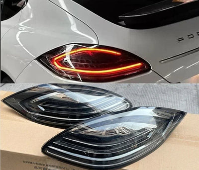 Feux arrière LED fumés pour Porsche Panamera, avec une Panamera blanche équipée