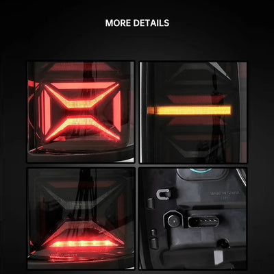 Détails du feu arrière LED Amarok : motif en X, barre ambre et connecteur