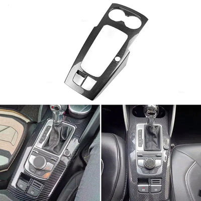 Garniture console centrale carbone Audi A3 8V seule et montée autour du sélecteur, du MMI et des porte-gobelets