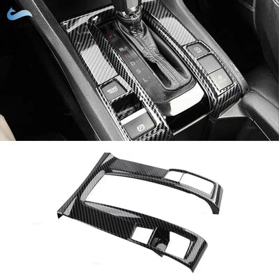 Garniture console centrale carbone montée sur une Honda Civic 10 automatique, avec la pièce seule en dessous