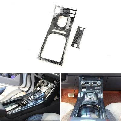 Garniture console centrale carbone Range Rover Evoque : les deux pièces et deux consoles équipées autour du sélecteur rotatif