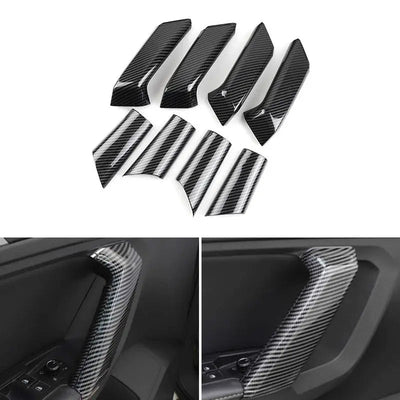 Garniture poignée de porte carbone Tiguan L : jeu de huit coques et deux exemples de pose sur porte