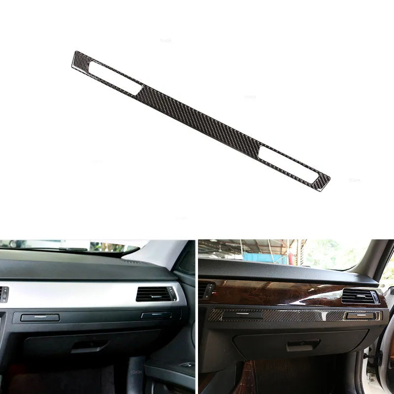 Habillage tableau de bord BMW E90 côté passager : bandeau carbone et pose au-dessus de la boîte à gants