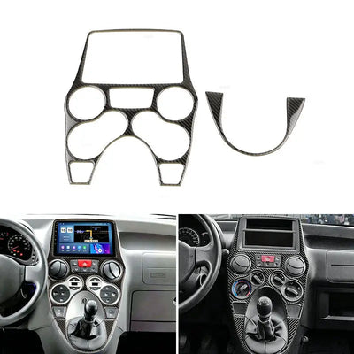 Habillage tableau de bord carbone Fiat Panda : cadre de console, demi-lune et deux exemples de pose