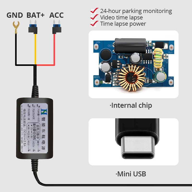 Branchement du kit de câblage dashcam : masse, plus batterie permanent et accessoire, avec vue du circuit interne