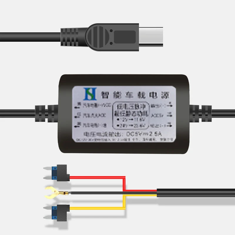 Convertisseur du kit de câblage dashcam : entrée 12 à 30 volts, sortie 5 volts 2,5 A, coupure à 11,6 volts