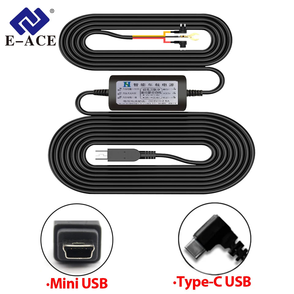 Kit de câblage pour dashcam avec convertisseur, embouts Mini USB et USB-C