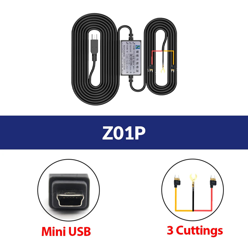 Kit de câblage dashcam Z01P en Mini USB, à trois dérivations sur fusible pour le mode stationnement