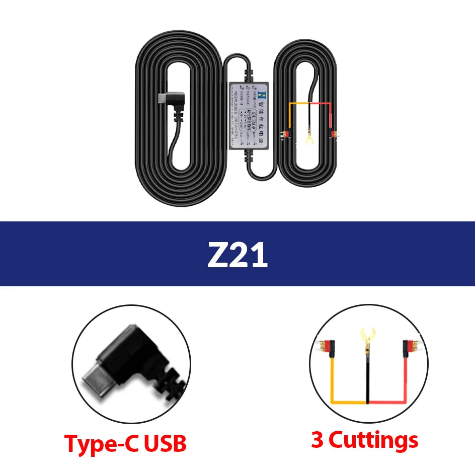 Kit de câblage dashcam Z21 en USB-C coudé, à trois dérivations sur fusible pour le mode stationnement
