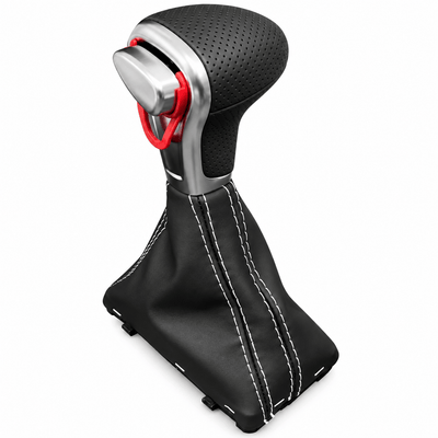 Levier Audi Q5 boîte automatique habillé d'un soufflet en cuir noir à surpiqûres blanches