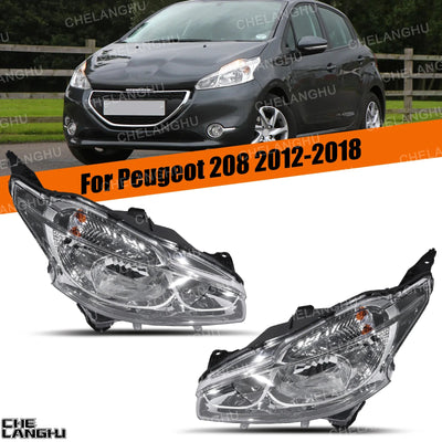 Deux optiques de phare pour Peugeot 208 de 2012 à 2018, avec une 208 grise en fond