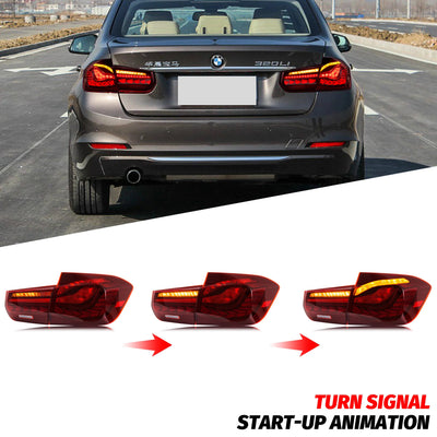 Clignotant séquentiel ambre des feux GTS rouges sur une BMW 320Li brune