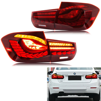 Jeu de feux arrière LED GTS rouges pour BMW F30, avec une 328i blanche en fond