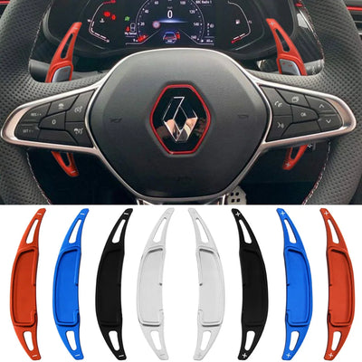 Palettes au volant montées sur une Renault Clio 5 R.S. Line, avec les cinq coloris disponibles en dessous