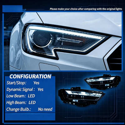 Phare LED Audi A3 monté sur une berline blanche et tableau de configuration