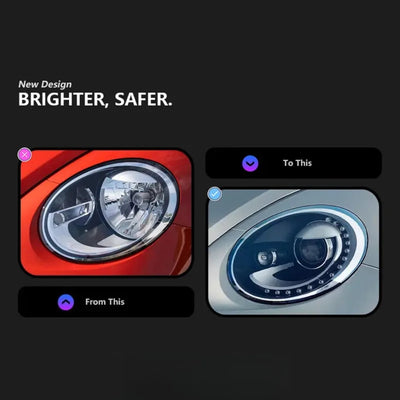 Phare d'origine de la Beetle comparé au phare LED à fond noir et lentille