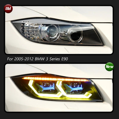 Phare d'origine de la BMW E90 comparé au phare LED à anneaux et liseré ambre