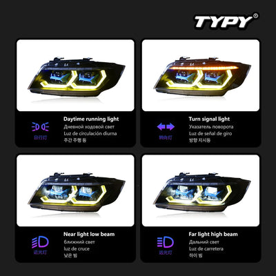 Phare LED BMW E90 en feux de jour, clignotant, feux de croisement et de route