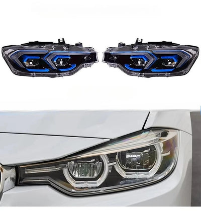 Phares LED à anneaux bleus comparés au phare d'origine de la BMW F30