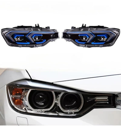 Phares LED BMW F30 à anneaux bleus et phare d'origine sur une berline blanche