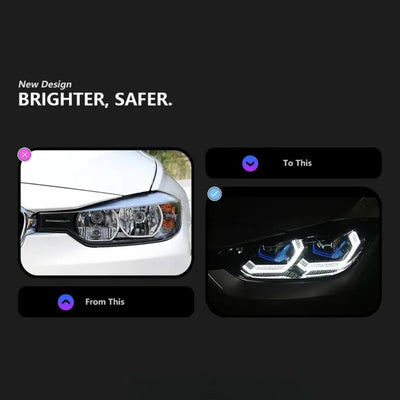 Phare halogène d'origine de la BMW F30 comparé au phare LED à chevrons