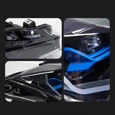 Détails des inserts bleus et de la lentille du phare LED BMW F30