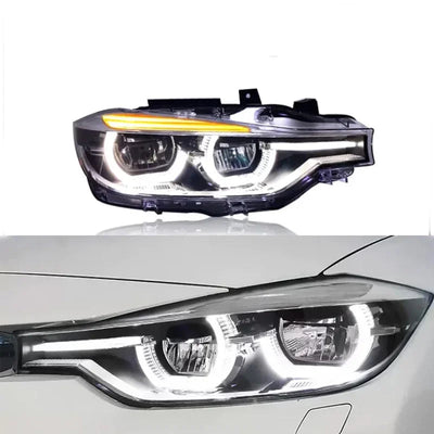Phare LED BMW F30 seul et monté sur une berline blanche, anneaux allumés