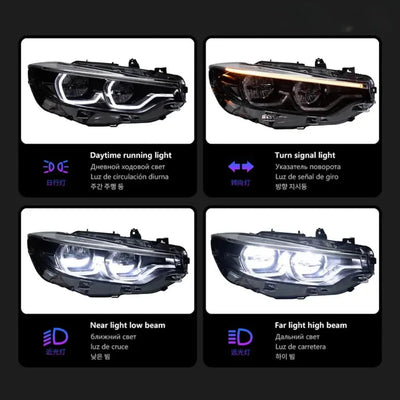 Phare LED BMW F32 en feux de jour, clignotant, feux de croisement et de route