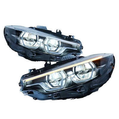 Phares LED BMW Serie 4 vus de trois quarts, feux de jour et clignotant ambre