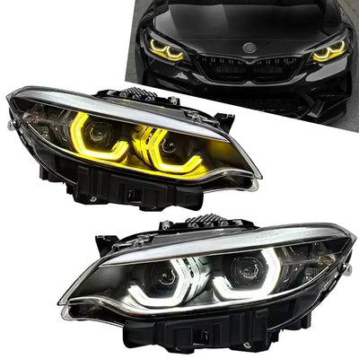 Paire de phares LED BMW Serie 2 F22, anneaux jaunes et blancs, avec une M2 noire en fond