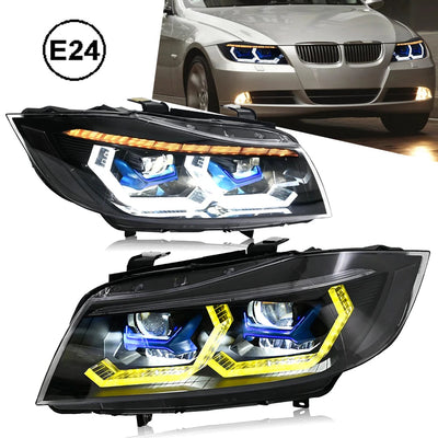 Paire de phares LED BMW Serie 3 E90 à anneaux lumineux, avec une E90 grise en fond