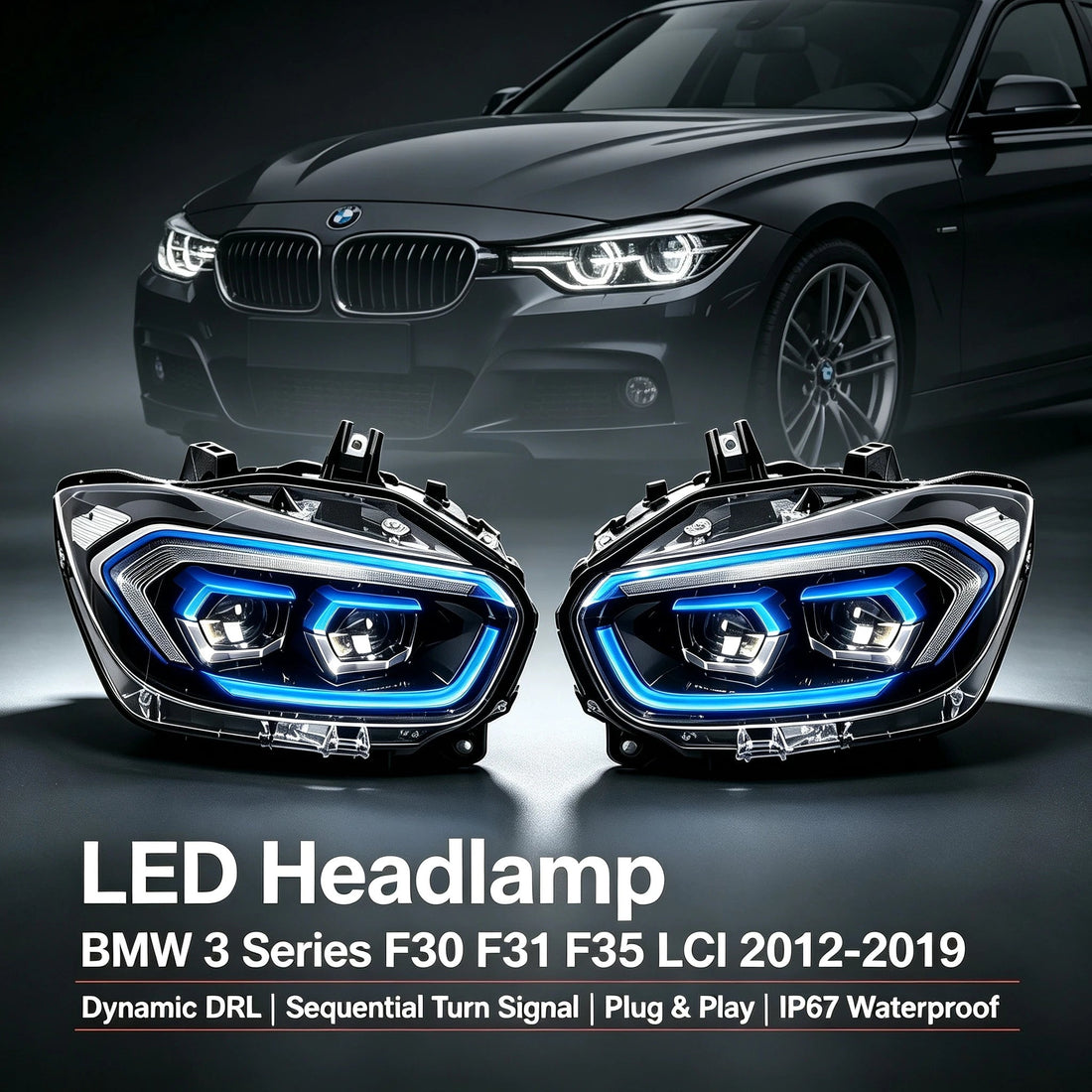 Paire de phares LED BMW Serie 3 F30 à anneaux cerclés de bleu, avec une F30 grise en fond