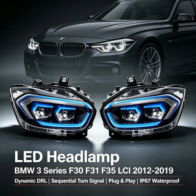 Paire de phares LED BMW Serie 3 F30 à anneaux cerclés de bleu, avec une F30 grise en fond