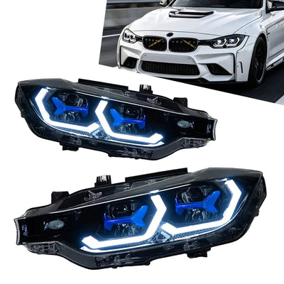 Paire de phares LED BMW Serie 3 F30 à chevrons lumineux et inserts bleus