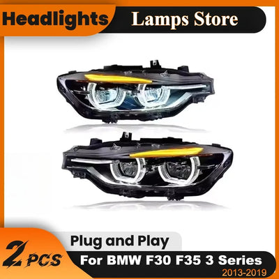 Paire de phares LED BMW Serie 3 F30 à anneaux blancs et bandeau de clignotant ambre