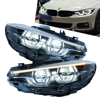 Paire de phares LED BMW Serie 4 F32 à anneaux hexagonaux, l'un avec clignotant ambre