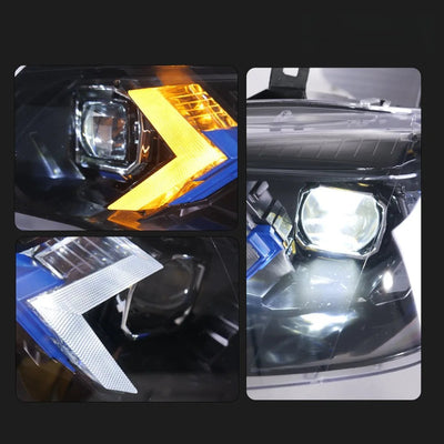 Détails des chevrons ambre et blancs et de la lentille carrée du phare LED X5
