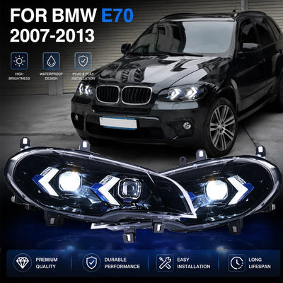 Paire de phares LED BMW X5 E70 à chevrons lumineux, avec un X5 noir en fond