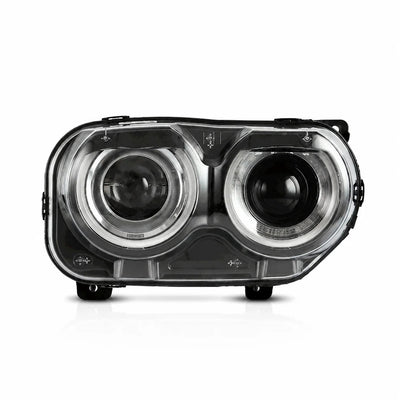 Phare LED Dodge Challenger vu de face, ses deux anneaux éteints