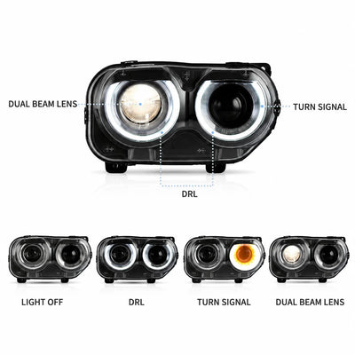Phare LED Challenger éteint, en feux de jour, en clignotant ambre et en double faisceau