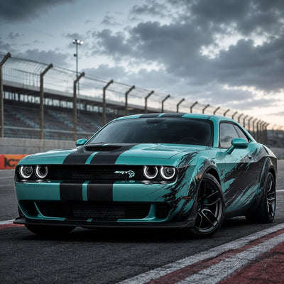Dodge Challenger turquoise équipé des phares LED à anneaux lumineux, sur circuit