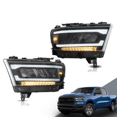 Paire de phares LED Dodge RAM 1500 2019 avec bandeaux blancs et réglette ambre