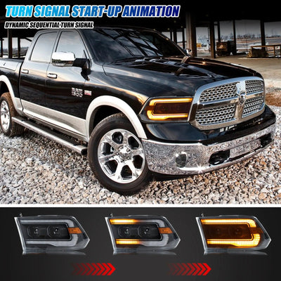 Clignotant séquentiel ambre du phare LED sur un Dodge RAM 1500 noir