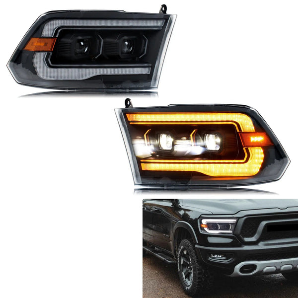Paire de phares LED Dodge RAM 1500, l'un éteint, l'autre en clignotant ambre