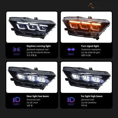 Phare LED Mustang en feux de jour, clignotant ambre, croisement et route
