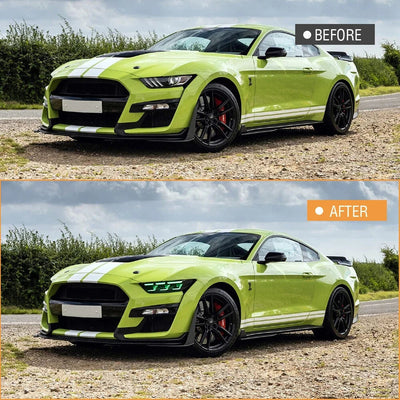 Ford Mustang verte avant et après la pose des phares LED RGB