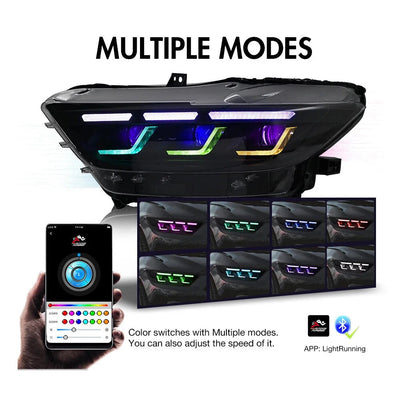 Phare LED Mustang RGB présenté dans huit couleurs différentes